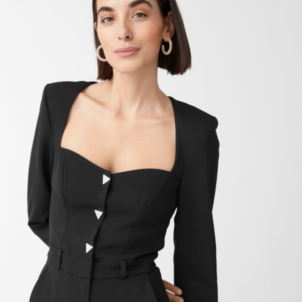 & Other Stories Padded Shoulder Sweetheart Neckline Jumpsuit Black